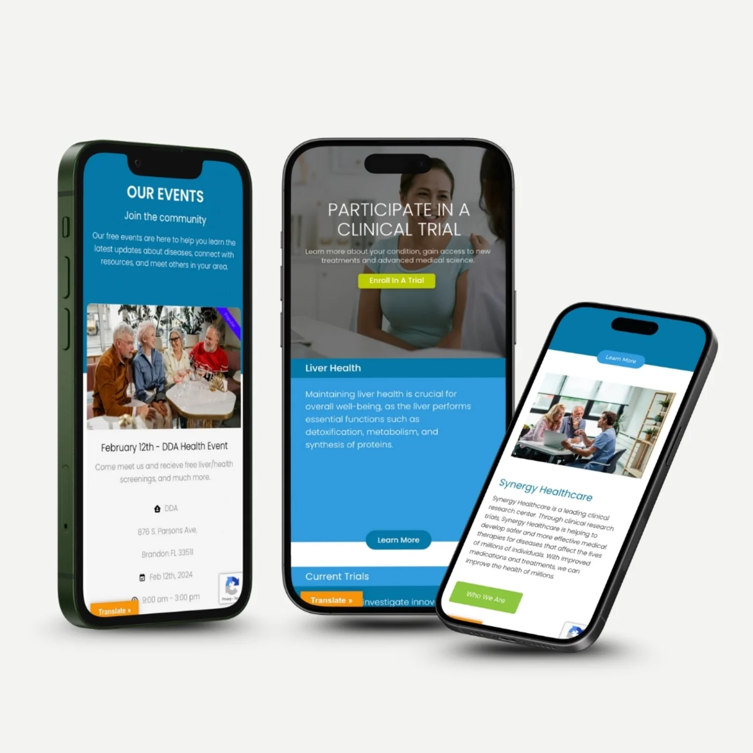Synergy Healthcare website - mobile screens